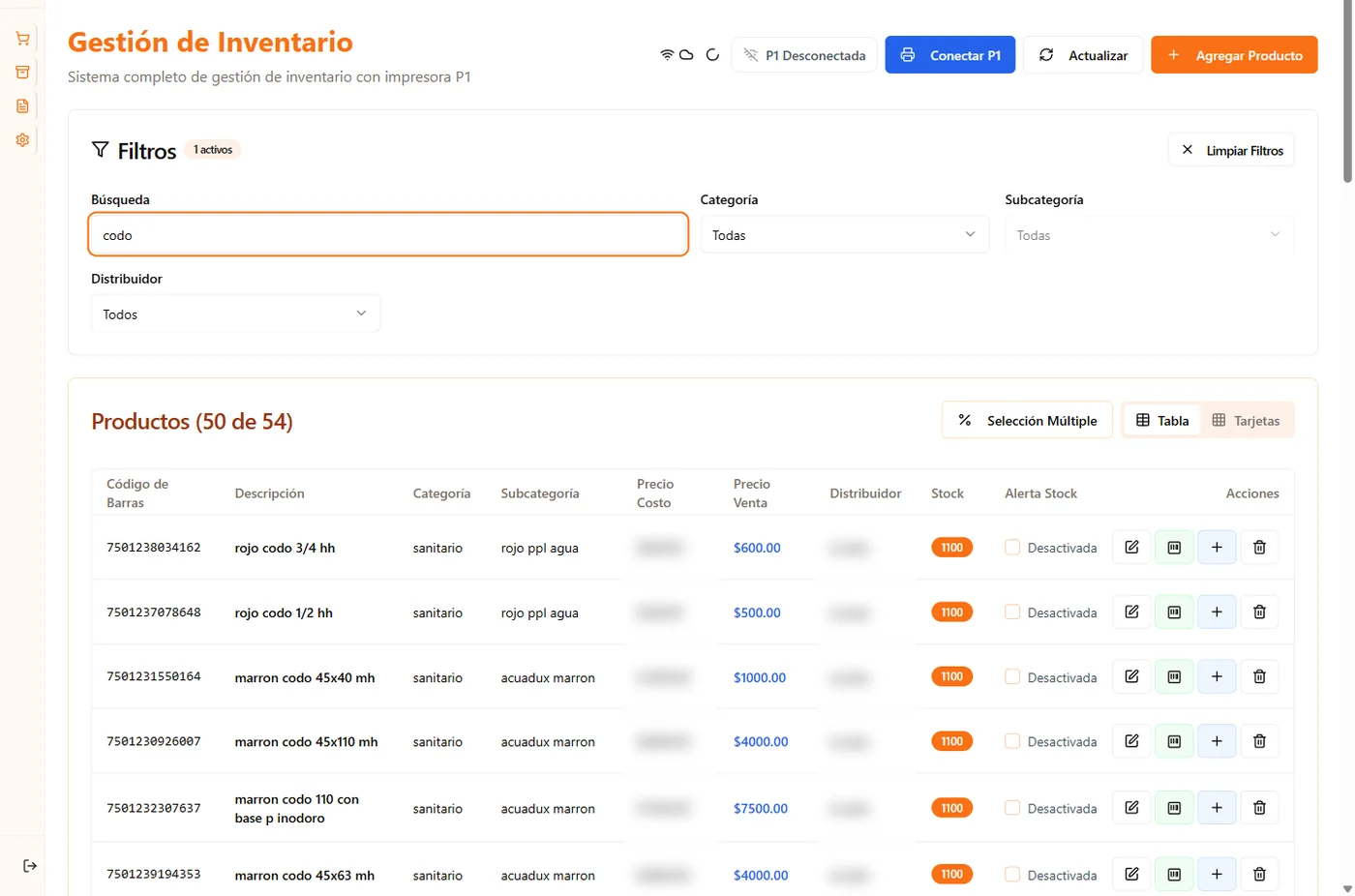 Gestión de inventario de una ferretería: tabla de productos con código de barras, categoría, precio de venta, stock y acciones.